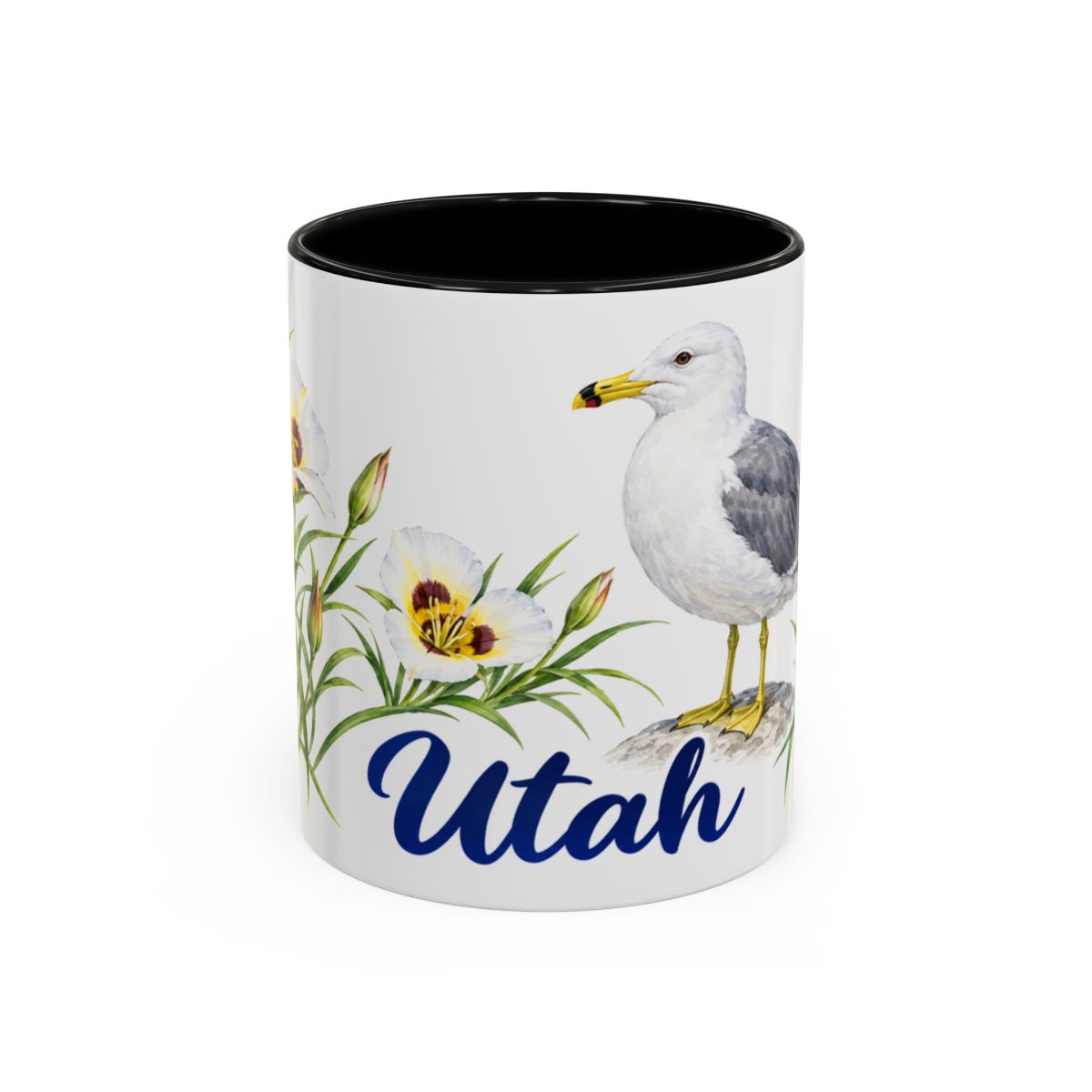 Utah State Bird and Flower Mug, Watercolor Botanical Coffee Cup, Nature Lover Gift, 11oz 15oz Accent Mug — 11oz / Black — front