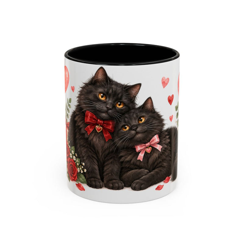 Valentine's Day Black Cat Mug, Rose Hearts, Cute Animal Lover Gift, Watercolor Ceramic Coffee Cup, 11oz 15oz — 11oz / Black — front