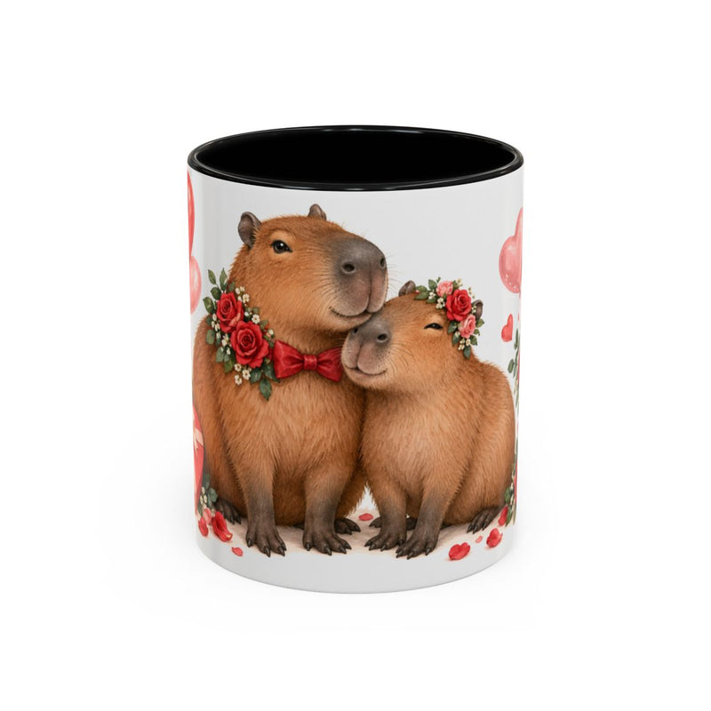 Valentine's Day Capybara Mug, Calm Sweethearts, Cute Animal Lover Gift, Watercolor Ceramic Coffee Cup, 11oz 15oz — 11oz / Black — front