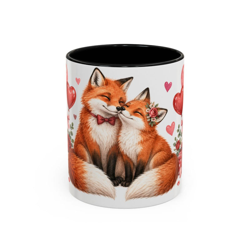 Valentine's Day Fox Mug, Foxes In Love, Cute Animal Lover Gift, Watercolor Ceramic Coffee Cup, 11oz 15oz — 11oz / Black — front
