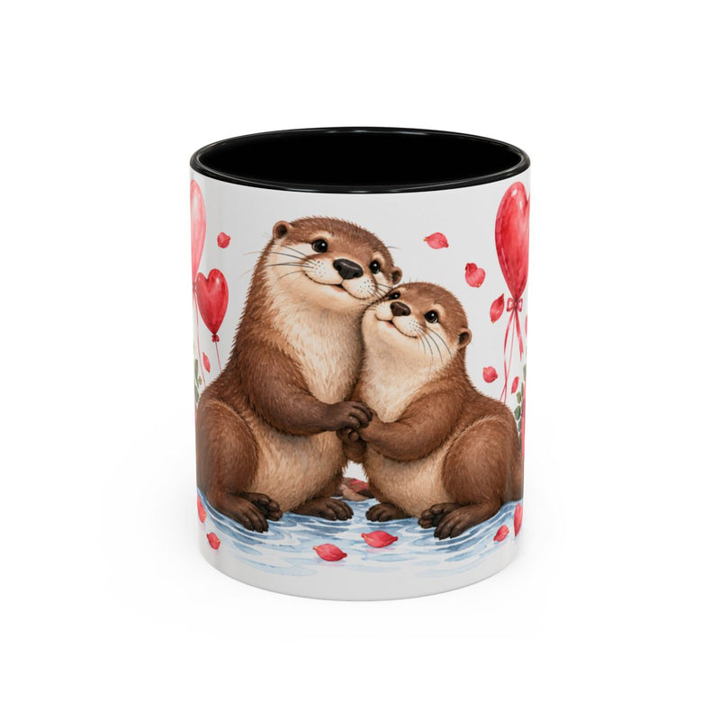 Valentine's Day Otter Mug, Otter Hearts, Cute Animal Lover Gift, Watercolor Ceramic Coffee Cup, 11oz 15oz — 11oz / Black — front