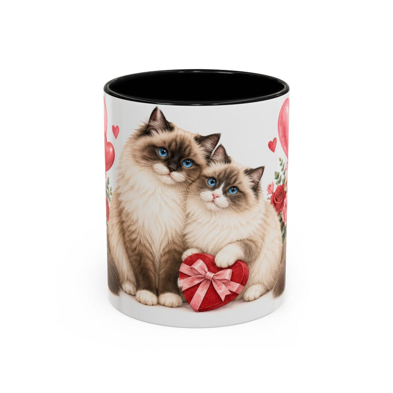 Valentine's Day Ragdoll Cat Mug, Blush Romance, Cute Animal Lover Gift, Watercolor Ceramic Coffee Cup, 11oz 15oz — 11oz / Black — front