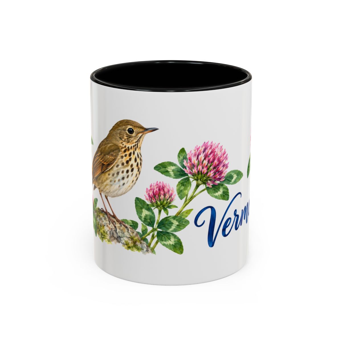 Vermont State Bird and Flower Mug, Watercolor Botanical Coffee Cup, Nature Lover Gift, 11oz 15oz Accent Mug — 11oz / Black — front