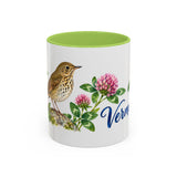 Vermont State Bird and Flower Mug, Watercolor Botanical Coffee Cup, Nature Lover Gift, 11oz 15oz Accent Mug — 11oz / Light Green — front