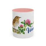 Vermont State Bird and Flower Mug, Watercolor Botanical Coffee Cup, Nature Lover Gift, 11oz 15oz Accent Mug — 11oz / Pink — front