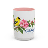 Washington State Bird and Flower Mug, Watercolor Botanical Coffee Cup, Nature Lover Gift, 11oz 15oz Accent Mug — 15oz / Pink — front
