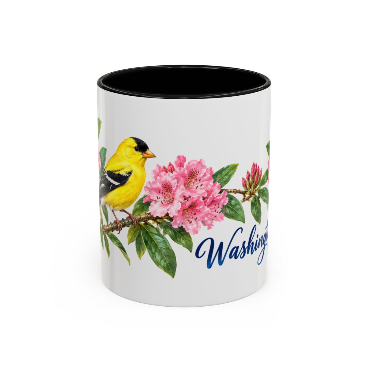 Washington State Bird and Flower Mug, Watercolor Botanical Coffee Cup, Nature Lover Gift, 11oz 15oz Accent Mug — 11oz / Black — front