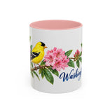 Washington State Bird and Flower Mug, Watercolor Botanical Coffee Cup, Nature Lover Gift, 11oz 15oz Accent Mug — 11oz / Pink — front