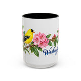 Washington State Bird and Flower Mug, Watercolor Botanical Coffee Cup, Nature Lover Gift, 11oz 15oz Accent Mug — 15oz / Black — front