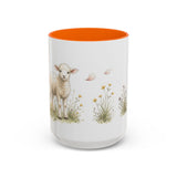 White Lamb Accent Mug | Watercolor Nature Coffee Cup | 11oz 15oz Farm Animal Gift — 15oz / Orange — front