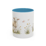 White Lamb Accent Mug | Watercolor Nature Coffee Cup | 11oz 15oz Farm Animal Gift — 11oz / Light Blue — front