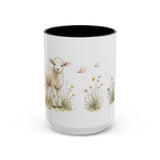 White Lamb Accent Mug | Watercolor Nature Coffee Cup | 11oz 15oz Farm Animal Gift — 15oz / Black — front