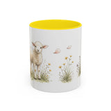 White Lamb Accent Mug | Watercolor Nature Coffee Cup | 11oz 15oz Farm Animal Gift — 11oz / Yellow — front
