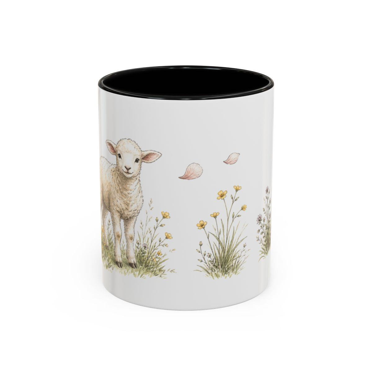 White Lamb Accent Mug | Watercolor Nature Coffee Cup | 11oz 15oz Farm Animal Gift — 11oz / Black — front