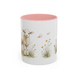 White Lamb Accent Mug | Watercolor Nature Coffee Cup | 11oz 15oz Farm Animal Gift — 11oz / Pink — front