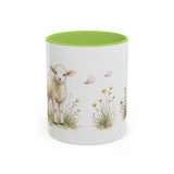 White Lamb Accent Mug | Watercolor Nature Coffee Cup | 11oz 15oz Farm Animal Gift — 11oz / Light Green — front