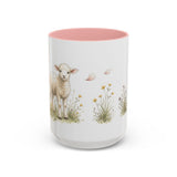 White Lamb Accent Mug | Watercolor Nature Coffee Cup | 11oz 15oz Farm Animal Gift — 15oz / Pink — front