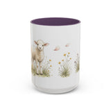White Lamb Accent Mug | Watercolor Nature Coffee Cup | 11oz 15oz Farm Animal Gift — 15oz / Purple — front