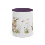 White Lamb Accent Mug | Watercolor Nature Coffee Cup | 11oz 15oz Farm Animal Gift — 11oz / Purple — front