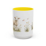 White Lamb Accent Mug | Watercolor Nature Coffee Cup | 11oz 15oz Farm Animal Gift — 15oz / Yellow — front