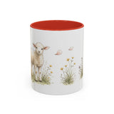 White Lamb Accent Mug | Watercolor Nature Coffee Cup | 11oz 15oz Farm Animal Gift — 11oz / Red — front