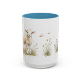 White Lamb Accent Mug | Watercolor Nature Coffee Cup | 11oz 15oz Farm Animal Gift — 15oz / Light Blue — front