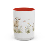 White Lamb Accent Mug | Watercolor Nature Coffee Cup | 11oz 15oz Farm Animal Gift — 15oz / Red — front