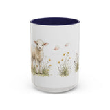 White Lamb Accent Mug | Watercolor Nature Coffee Cup | 11oz 15oz Farm Animal Gift — 15oz / Navy — front