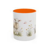 White Lamb Accent Mug | Watercolor Nature Coffee Cup | 11oz 15oz Farm Animal Gift — 11oz / Orange — front