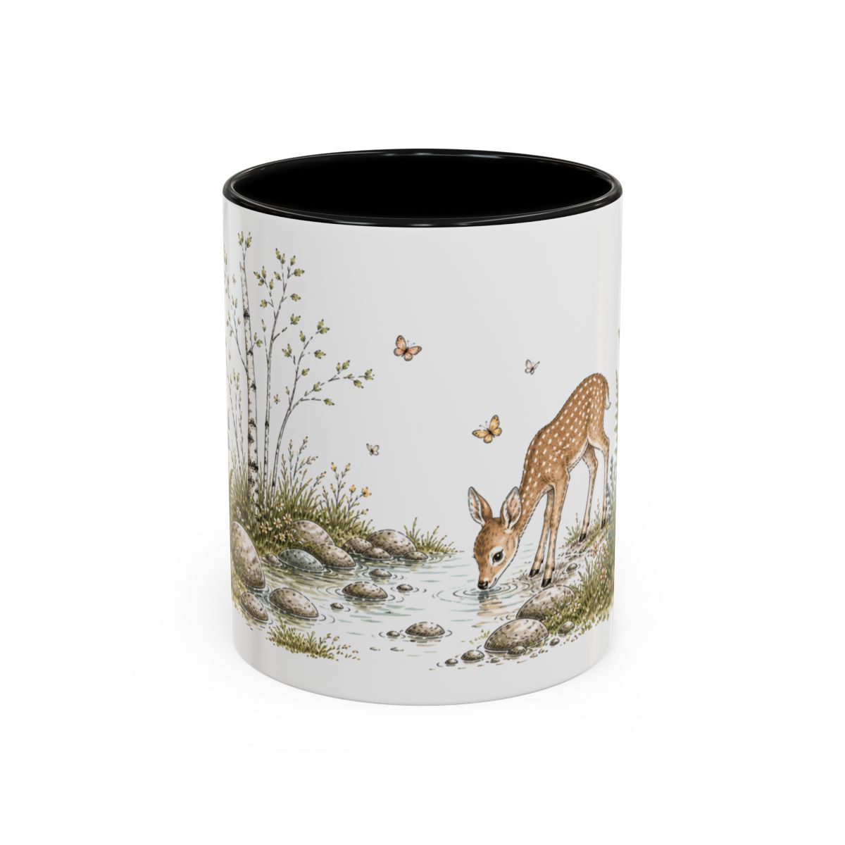 White-Tailed Fawn Accent Mug | Watercolor Nature Coffee Cup | 11oz 15oz Woodland Animal Gift — 11oz / Black — front