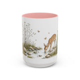 White-Tailed Fawn Accent Mug | Watercolor Nature Coffee Cup | 11oz 15oz Woodland Animal Gift — 15oz / Pink — front
