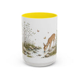 White-Tailed Fawn Accent Mug | Watercolor Nature Coffee Cup | 11oz 15oz Woodland Animal Gift — 15oz / Yellow — front