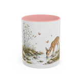White-Tailed Fawn Accent Mug | Watercolor Nature Coffee Cup | 11oz 15oz Woodland Animal Gift — 11oz / Pink — front