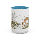 White-Tailed Fawn Accent Mug | Watercolor Nature Coffee Cup | 11oz 15oz Woodland Animal Gift — 15oz / Light Blue — front