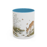 White-Tailed Fawn Accent Mug | Watercolor Nature Coffee Cup | 11oz 15oz Woodland Animal Gift — 11oz / Light Blue — front