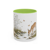 White-Tailed Fawn Accent Mug | Watercolor Nature Coffee Cup | 11oz 15oz Woodland Animal Gift — 11oz / Light Green — front