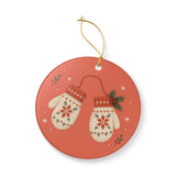 Winter Mittens Ceramic Ornament, Double Sided Round Christmas Decoration, Holiday Keepsake Gift — Product view — Photo 5