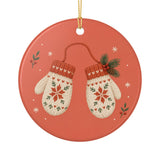 Winter Mittens Ceramic Ornament, Double Sided Round Christmas Decoration, Holiday Keepsake Gift — Back view — Photo 2