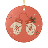 Winter Mittens Ceramic Ornament, Double Sided Round Christmas Decoration, Holiday Keepsake Gift — Front view — Photo 1