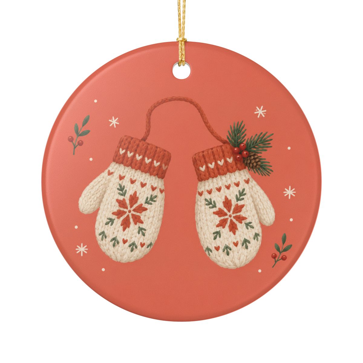Winter Mittens Ceramic Ornament, Double Sided Round Christmas Decoration, Holiday Keepsake Gift — Front view — Photo 1