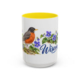 Wisconsin State Bird and Flower Mug, Watercolor Botanical Coffee Cup, Nature Lover Gift, 11oz 15oz Accent Mug — 15oz / Yellow — front