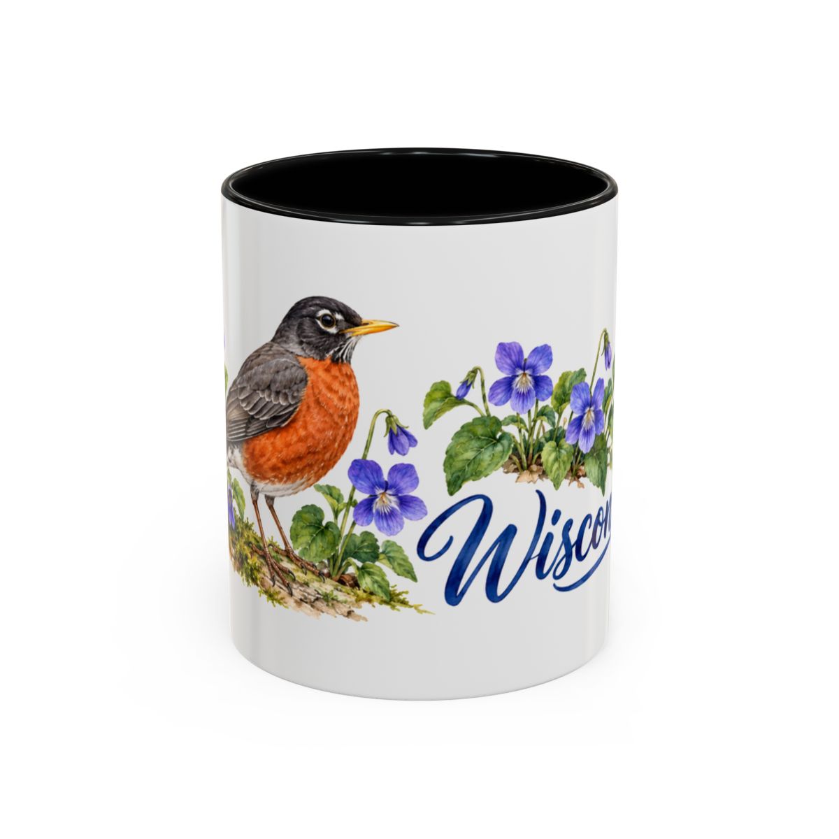 Wisconsin State Bird and Flower Mug, Watercolor Botanical Coffee Cup, Nature Lover Gift, 11oz 15oz Accent Mug — 11oz / Black — front