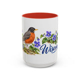 Wisconsin State Bird and Flower Mug, Watercolor Botanical Coffee Cup, Nature Lover Gift, 11oz 15oz Accent Mug — 15oz / Red — front