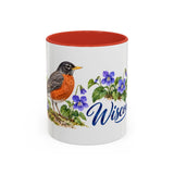 Wisconsin State Bird and Flower Mug, Watercolor Botanical Coffee Cup, Nature Lover Gift, 11oz 15oz Accent Mug — 11oz / Red — front