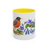 Wisconsin State Bird and Flower Mug, Watercolor Botanical Coffee Cup, Nature Lover Gift, 11oz 15oz Accent Mug — 11oz / Yellow — front