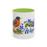 Wisconsin State Bird and Flower Mug, Watercolor Botanical Coffee Cup, Nature Lover Gift, 11oz 15oz Accent Mug — 11oz / Light Green — front