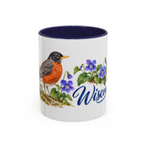 Wisconsin State Bird and Flower Mug, Watercolor Botanical Coffee Cup, Nature Lover Gift, 11oz 15oz Accent Mug — 11oz / Navy — front