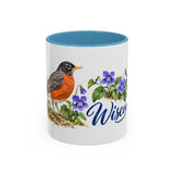 Wisconsin State Bird and Flower Mug, Watercolor Botanical Coffee Cup, Nature Lover Gift, 11oz 15oz Accent Mug — 11oz / Light Blue — front