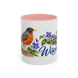 Wisconsin State Bird and Flower Mug, Watercolor Botanical Coffee Cup, Nature Lover Gift, 11oz 15oz Accent Mug — 11oz / Pink — front