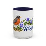 Wisconsin State Bird and Flower Mug, Watercolor Botanical Coffee Cup, Nature Lover Gift, 11oz 15oz Accent Mug — 15oz / Navy — front